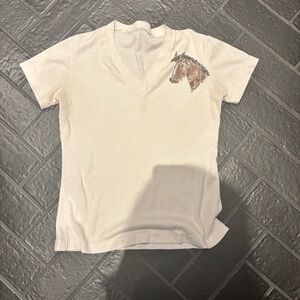 Women’s Vintage Cream V-Neck T-Shirt with Horse Design.